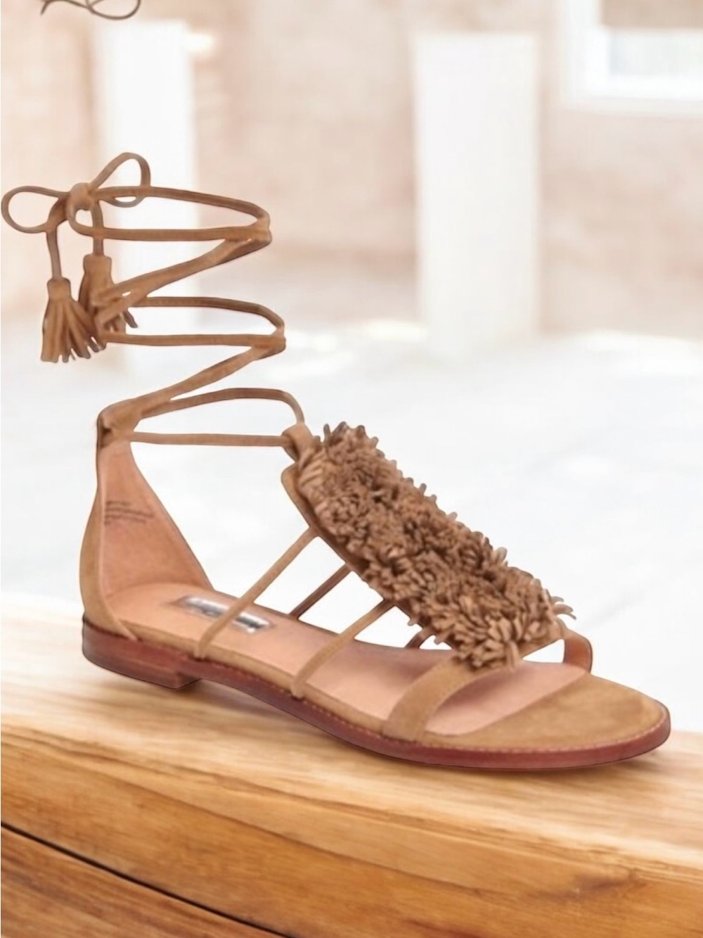 Halogen Eliza Tan Suede Sandals Fringed Tassel